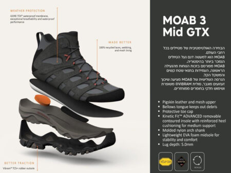 נעלי מירל לנשים להליכה וטיולים MERRELL MOAB 3 MID GTX